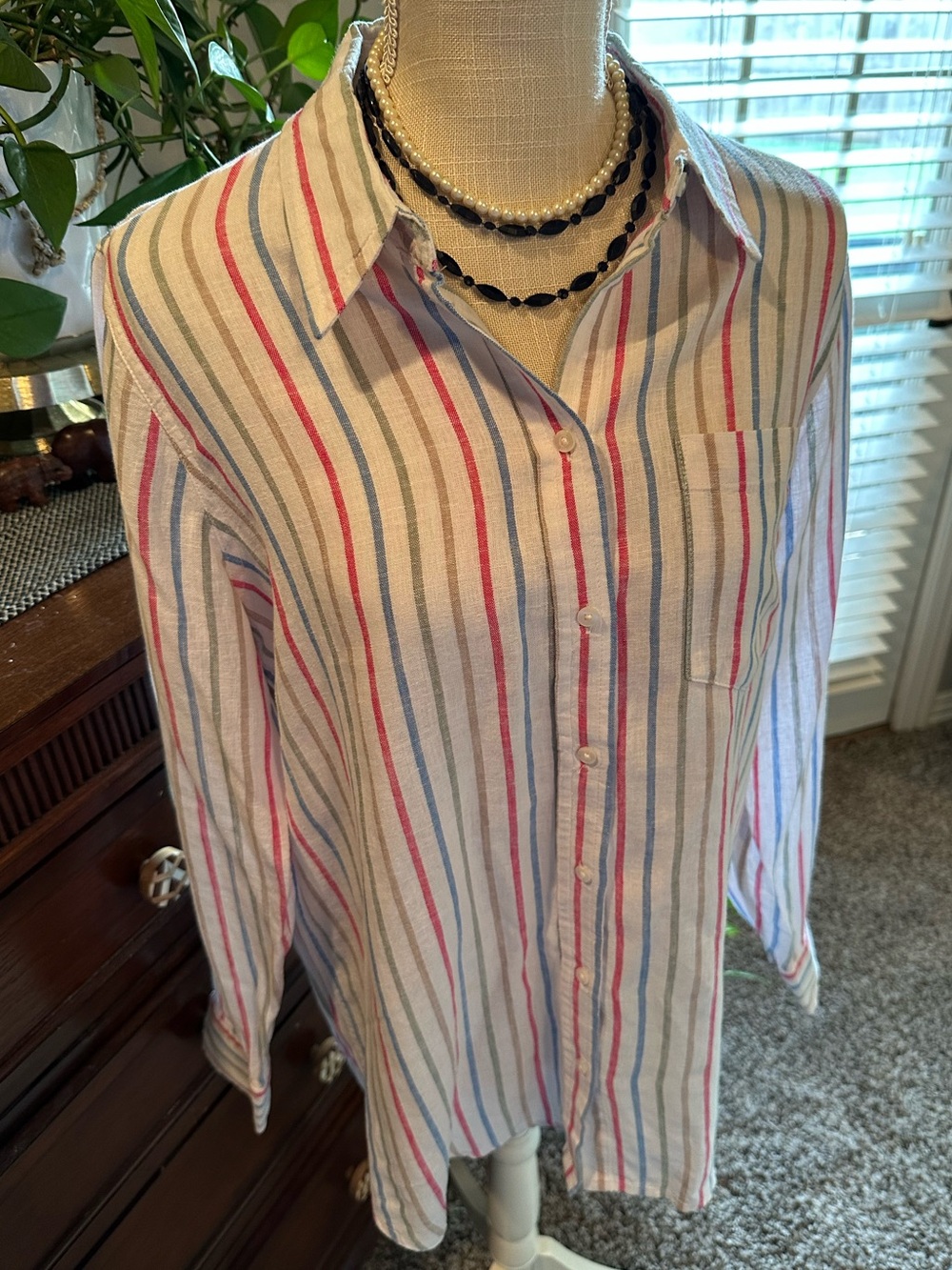 GAP Striped Lightweight Button-Up in Cream with Red, Blue, and Green Stripes